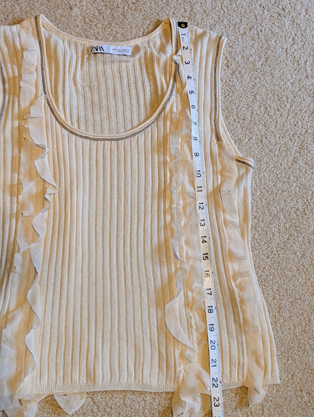 Zara Cream Ribbed Tank with Ruffle Trim - Picture 6 of 6